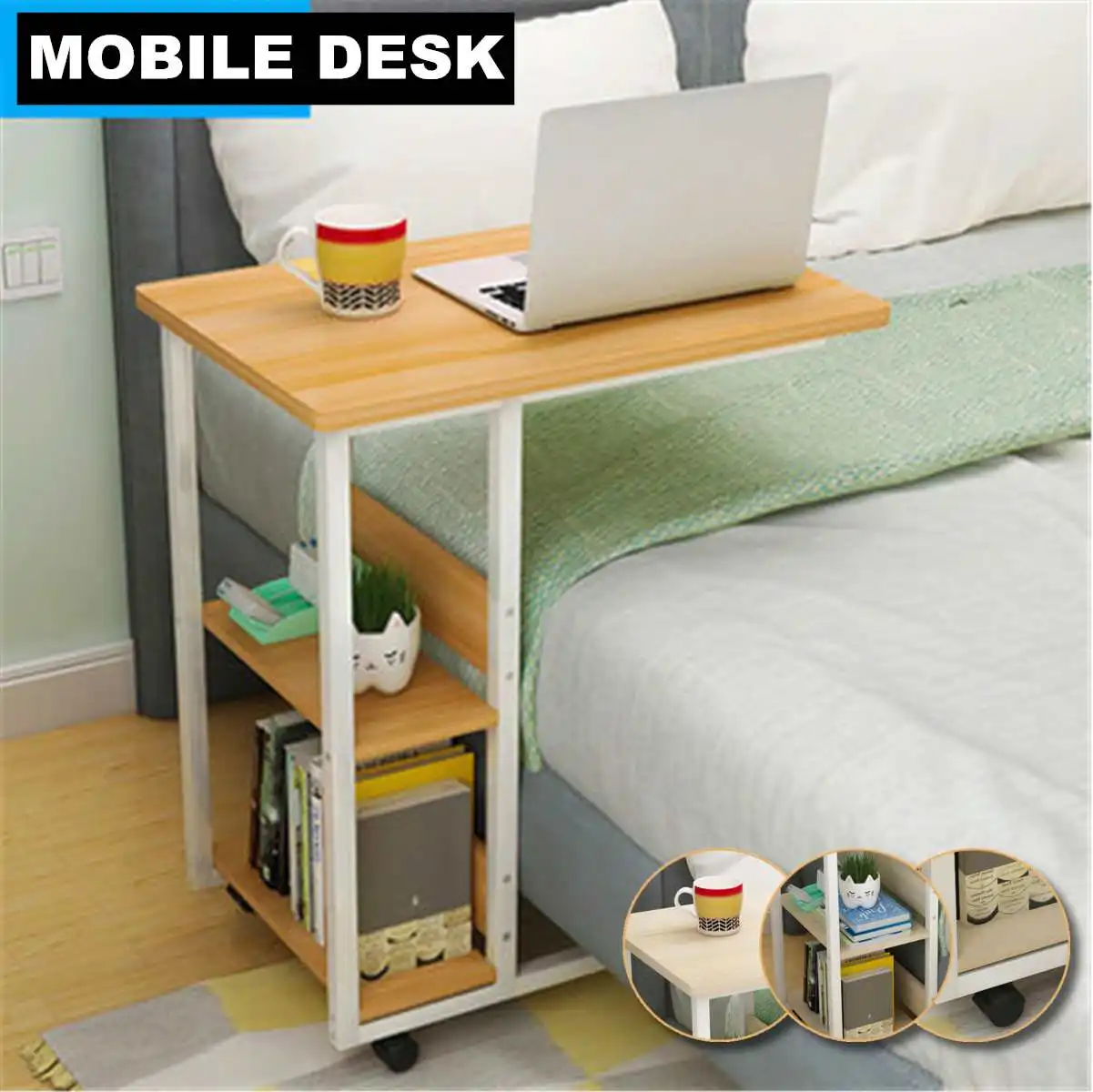 

Simple Mobile Bedside Table Computer Laptop Desk Home Students Bed Study Desk Bedroom Table with Storage Shelves
