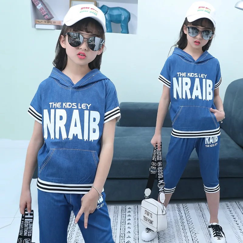 Kids Clothing Sets For Girls Clothes Suits Children Clothing Set Summer Girls Sport Suit Hooded Short Sleeve Girl Denim Set