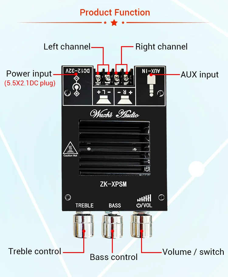 150W*2 TDA7498E Bluetooth 5.0 Stereo Treble Bass Adjustment Audio Power Amplifier Module Dual Channel Heat Sink Aux XPSM bass amp