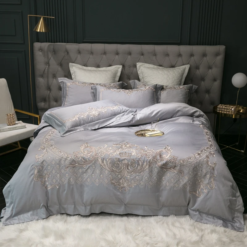 - Chic Embroidery 4Pcs Duvet Cover set 600TC Egyptian Cotton High End Soft Bedding set Bed sheet Pillowcases Queen King size 4pcs