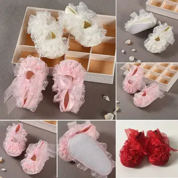 

0-9M Infant Newborn Baby Girl Pink Soft Cloth Flower Crib Shoes Bow Anti-Slip Prewalker Shoe