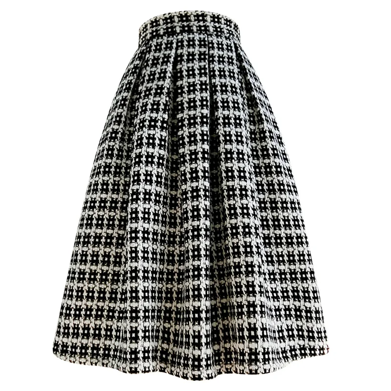 

Autumn winter vintage Houndstooth woolen ball gown skirt women high waist thick warm umbrella skirt