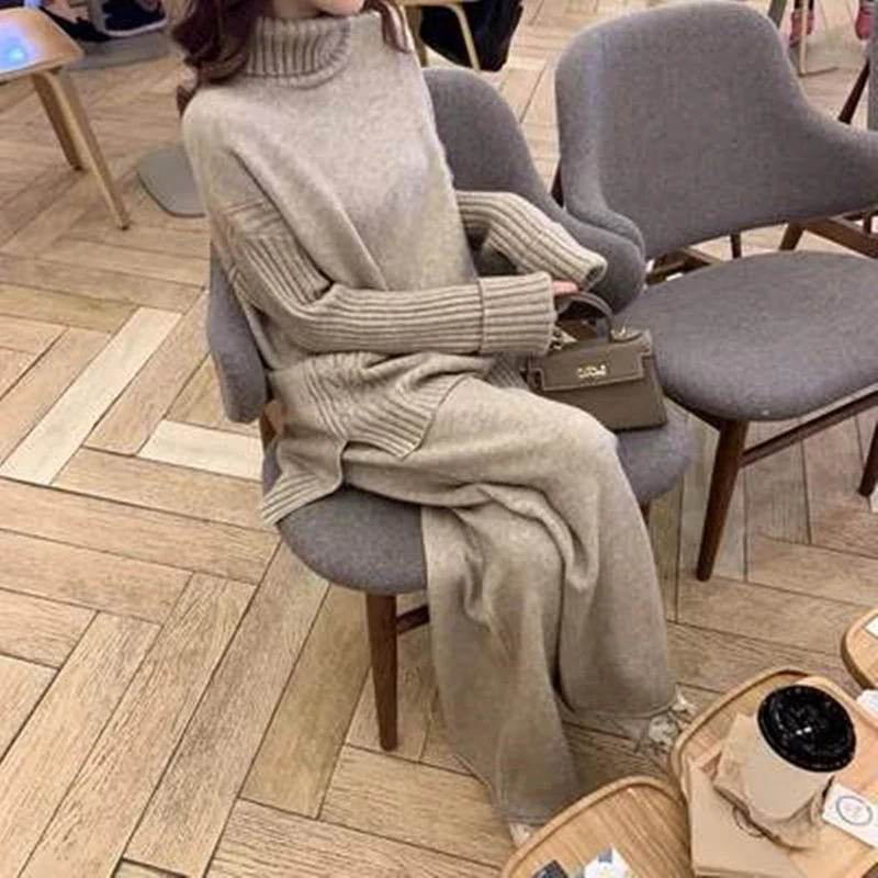 High-end Women's Warm Suit Autumn Women Tracksuit Knitted Suits 2 Piece Set Turtleneck Sweater Pullovers Wide Legs Pants Outfits 4