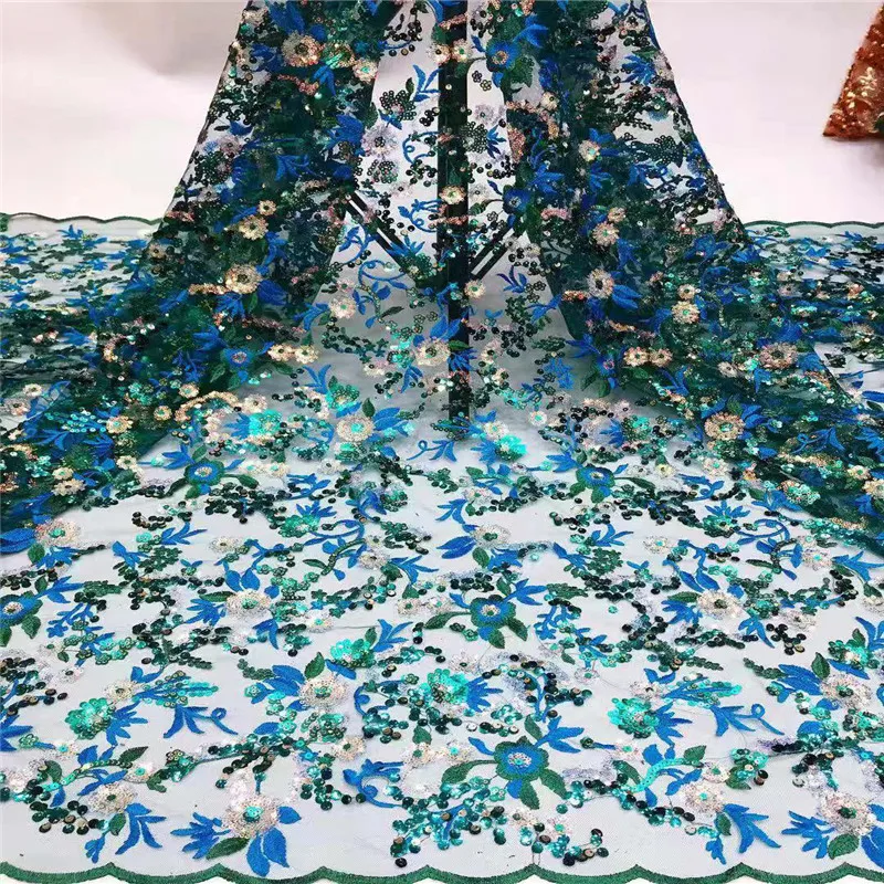 

African French Mesh Lace Fabric in Green High Quality Embroidery 3D Sequins Tulle Lace Fabric Material 5 Yards / Pieces