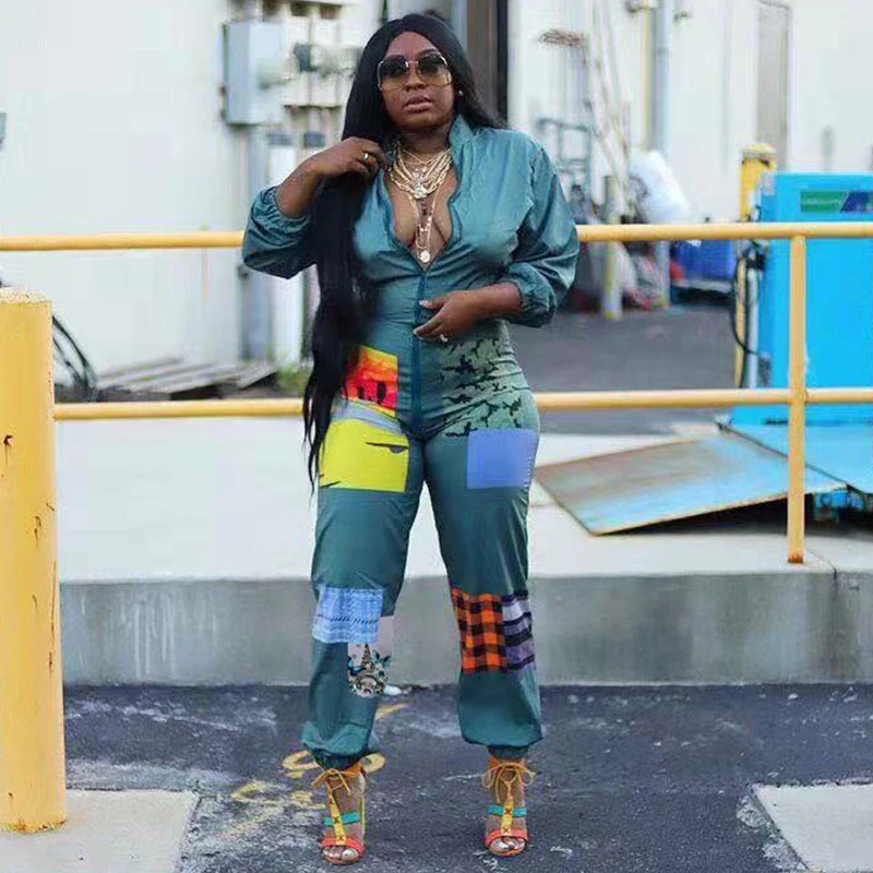 Skup Plaid kasetony seksowny kombinezon dla kobiet stojący kołnierz zamek błyskawiczny z przodu Slim Playsuit odzież klubowa z długim rękawem Plus rozmiar pajacyki