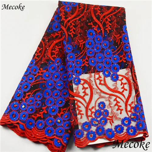 Африканская кружевная ткань темно-зеленая вышитая нигерийская кружевная ткань Топ высокое качество Французский Тюль кружевная ткань для женского платья - Цвет: red and Royal Blue