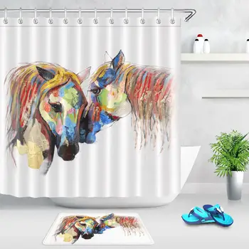 

Watercolor Animal Horse Bathroom Shower Curtains with Hooks Waterproof Fabric Polyester Bath Screen Non-slip Mat Home Decor