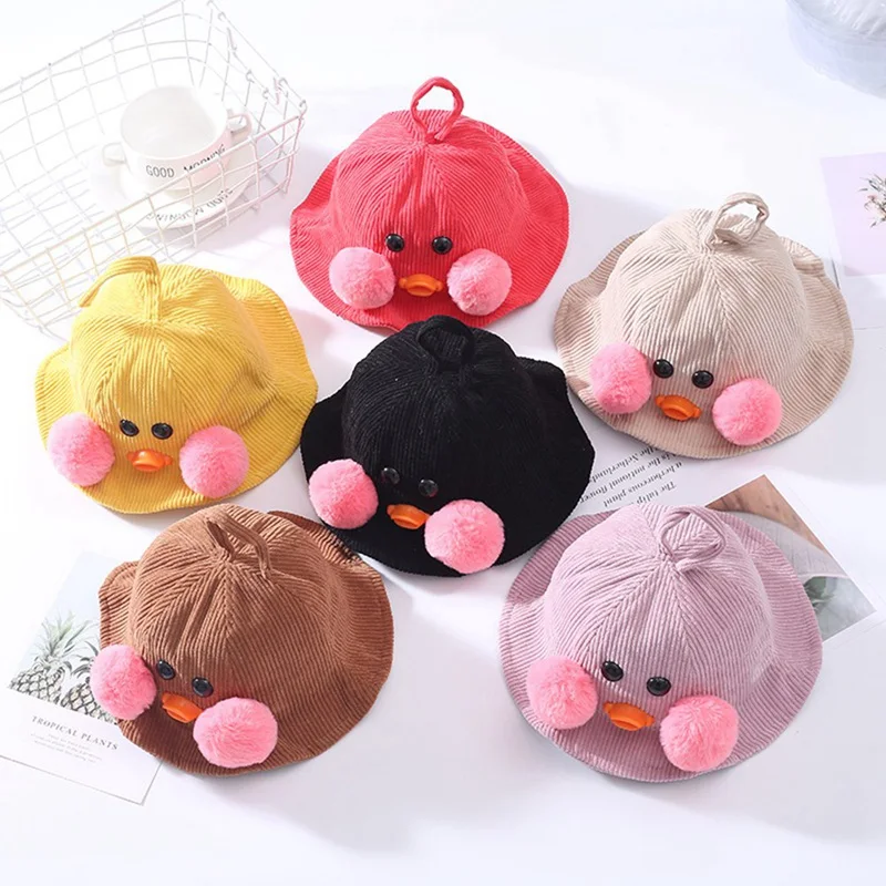Fall Winter Cartoon Duck Antenna Cute Antenna Corduroy Kids Children Bucket Hat Cap Boy Girl Fashion Accessories