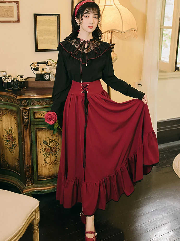 

Large Size Women Two Piece Outfits 2020 Autumn Spring Vintage Lace Embroidery Black Shirt Top & Red Long Maxi Skirt Matching Set