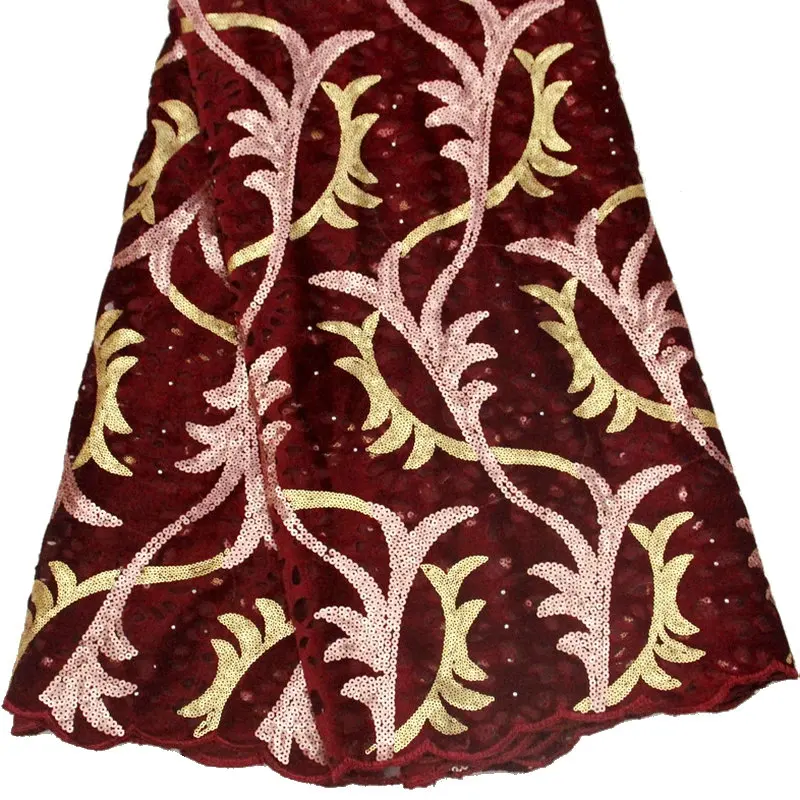 

Latest Wine African Lace Fabric High Quality Lace Nigerian Embroidery Lace Net Cord Sequin Fabric Lace for Wedding Lace