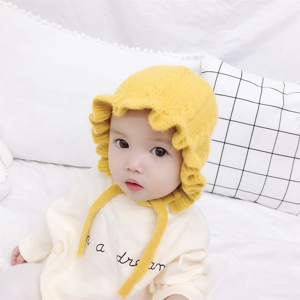 Princess Baby Girl Hat Laciness Knit Winter Newborn Hat Baby Bonnet Enfant Hats Kids Cap for Girls Warm New Born Caps#C