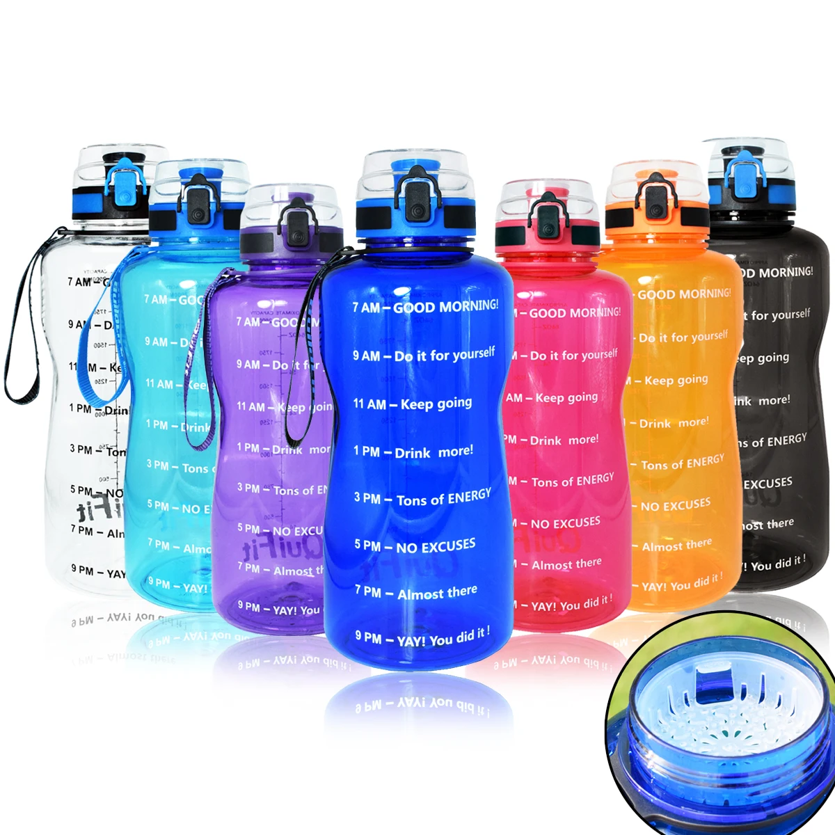 

QuiFit 2L 1.3L 450ml Half Gallon Tritan Sports Water Bottle with Locking Flip-Flop Lid Fruit Infuser Net Clear Drinking Bottles