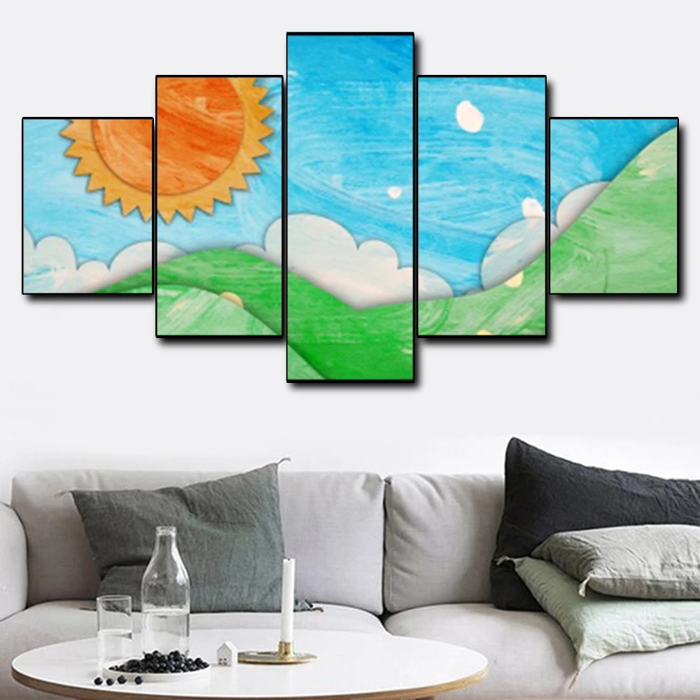 Canvas Art Oil Painting Blue sky & sun Rolling grass Cartoon Art Poster Picture Wall Decor Home Decoration For Kids Bedroom