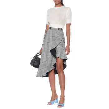 

2020 Spring Summer Fashionable Asymmetric Ruffle Houndstooth Hip Women Skirt