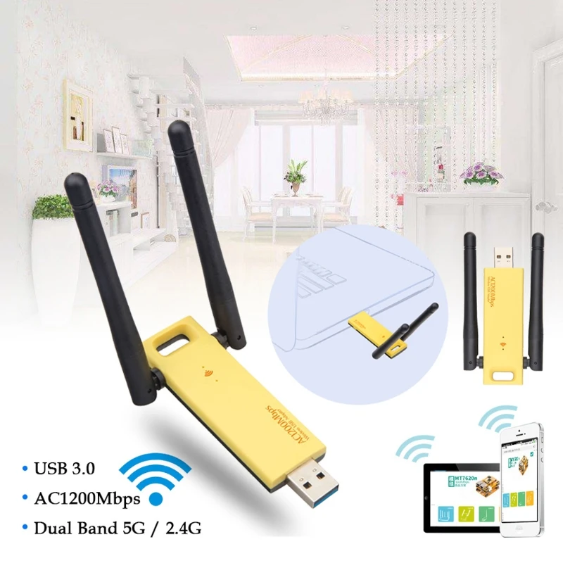 AC1200Mbps Двухдиапазонная беспроводная сетевая карта USB 3,0 Ультра-быстрая беспроводная сетевая карта