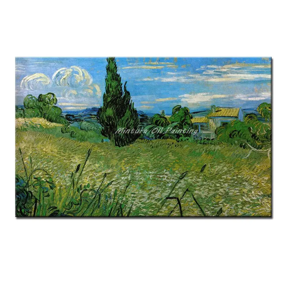 

Handpainted Vincent Van Gogh Famous Oil Painting On Canvas Green Wheat Field With Cypresses Wall Art Picture For Home Decoration