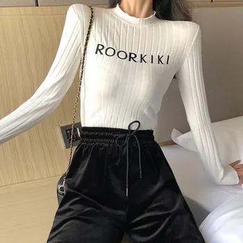 

Autumn Womens Long Sleeve Knitting Jumper Sweater Slim Ladies Sweaters Letter Embroidery Half Turtleneck Pullover Sweater