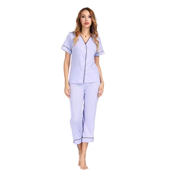 

Threaded pajamas women's nightie cotton short-sleeved Nine points cardigan can be worn outside home service casual suit