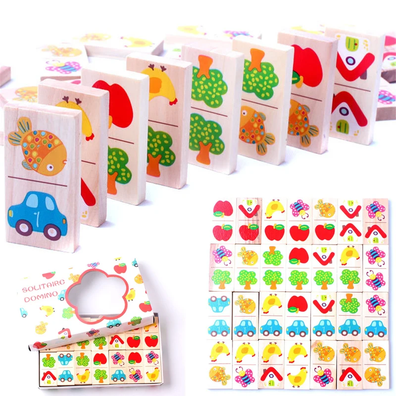 28pcs Wooden Domino Fruit Animal Recognize Blocks Dominoes Games Jigsaw Montessori Children Learning Education Puzzle Baby Toy |
