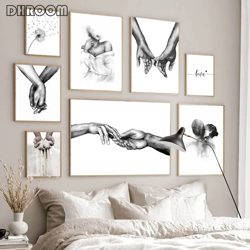 Fashion Picture Painting Poster-Print Couples Room-Decor Hand Wall-Art Romantic Black White