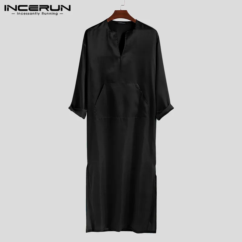 Black INCERUN, модные мужские халаты, одноцветные пижамы с длинным рукавом, v-образный вырез, искусственный шелк, атлас, удобная домашняя одежда, карманы, ночная рубашка, мужские халаты - Цвет: Black