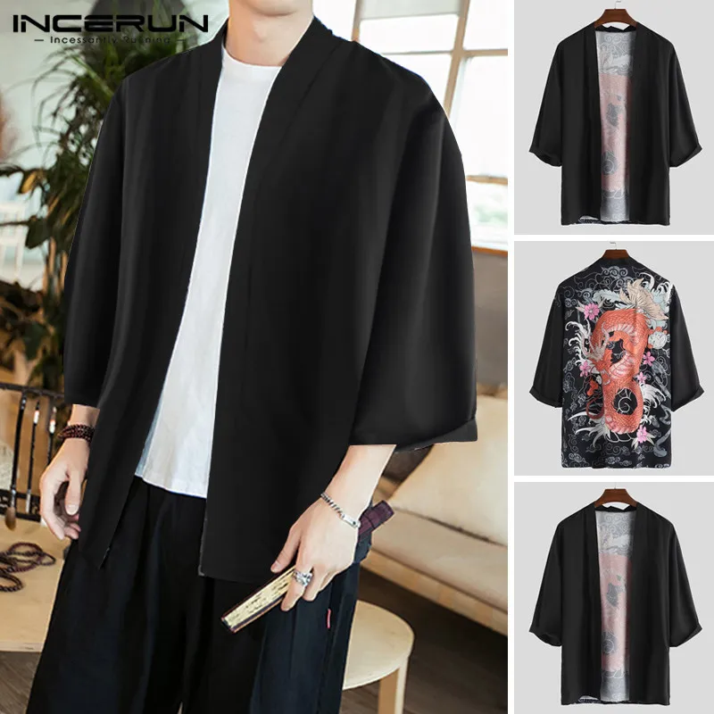 

INCERUN Chinese Style Print Men Outerwear Cardigan 3/4 Sleeve Tang Suit Vintage Loose Trench Coats Men Kimono Jackets 2019 S-5XL