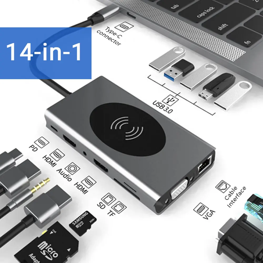 

15 in 1 USB Type C HUB With HDMI RJ45 Wireless Charge SD Card Reader USB-C Hub Type-C Plitter For Macbook Pro Laptop Accessories