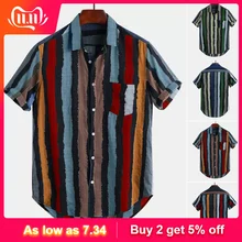 Мужские свободные Разноцветные полосатые нагрудные карманы с коротким рукавом Круглый подол рубашки M-3XL