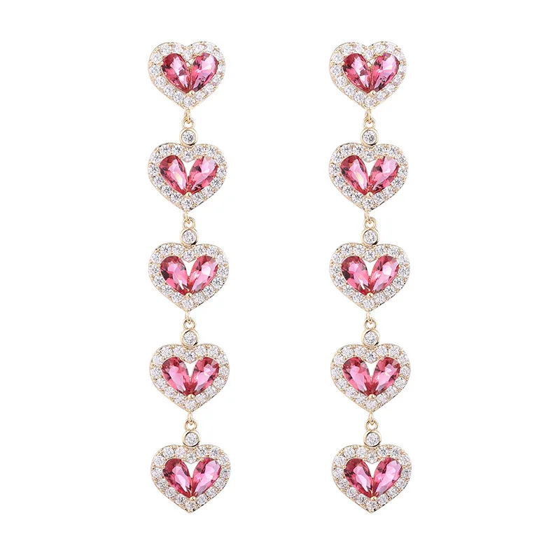 Long Temperament Heart Pendant Earrings for Women Colorful Cubic Zirconia Luxury Wedding Party Dangle Earings Design Jewelry