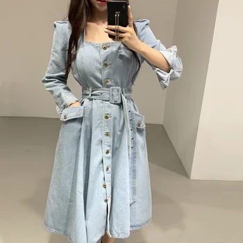 

Korean Long Puff Sleeve Denim Dress Women Spring Autumn Vintage Square Neck Single-Breasted Tunic Tiebelt Wrap Jeans Dresses