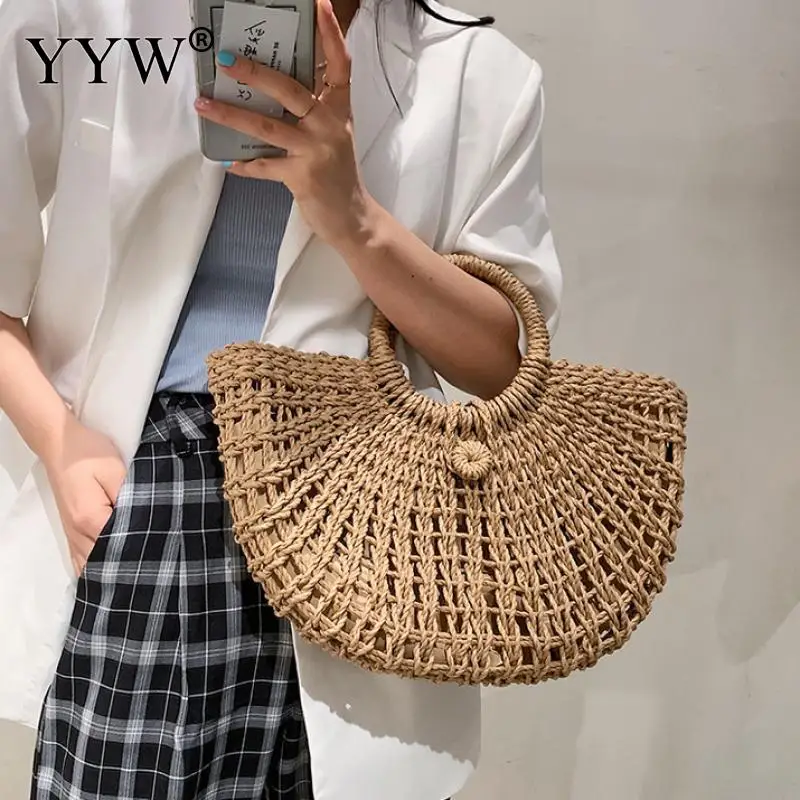 Moon Shape Handmade Bags for Women Weaving Ladies Straw Bag Large Women Handbags Straw Bag Clutch Top Handle Handbags Hollow