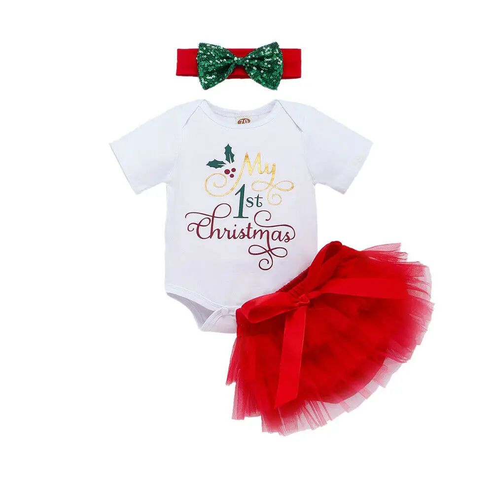 Комплекты одежды для новорожденных девочек на 1 Рождество, 3 предмета, комбинезон+ кружевная юбка-пачка повязка на голову, одежда