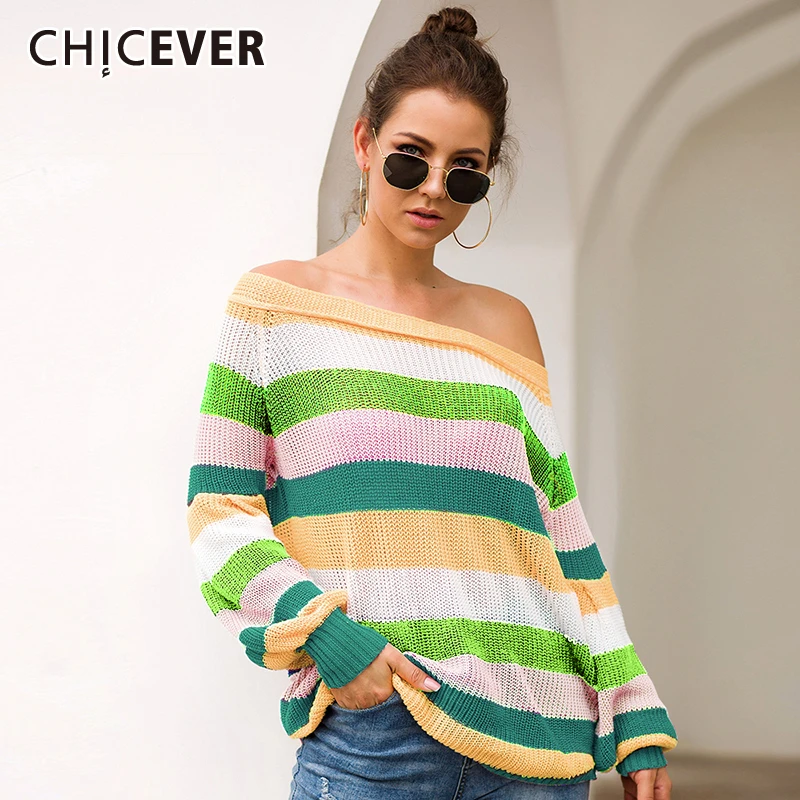 CHICEVER Autumn Striped Hit Color Off Shoulder Female Sweaters Jumper Slash Neck Lantern Sleeve Sweater Women Fashion New Korean | Женская