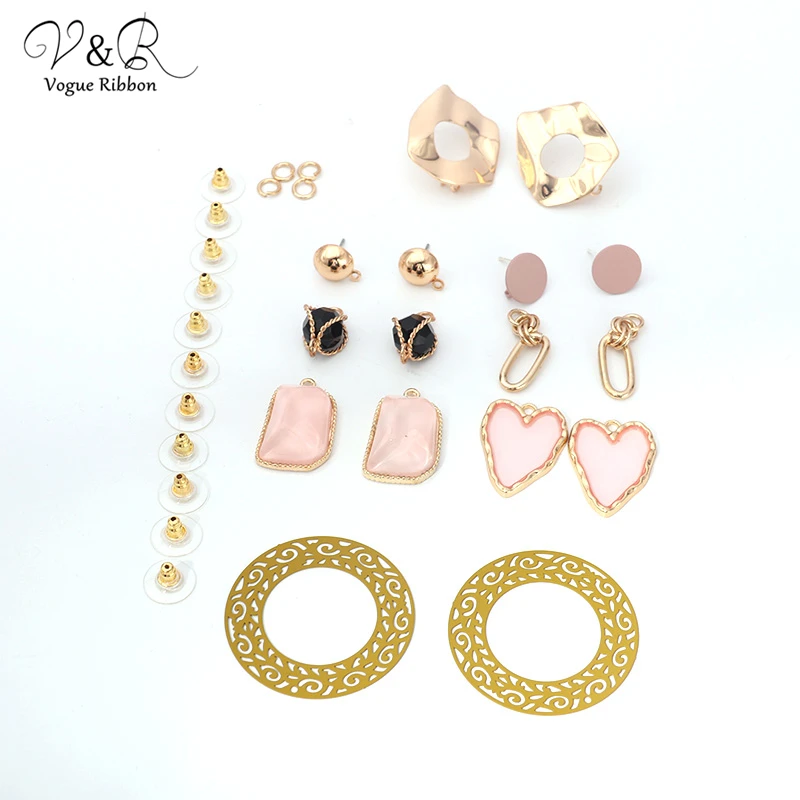 

Diy Handmade Jewelry, Post/ Hook Earring Set With Epoxy Stone/ Filigree Hoop/ Acylic Heart/ Balck Ball Pendants, Fashion Jewelry