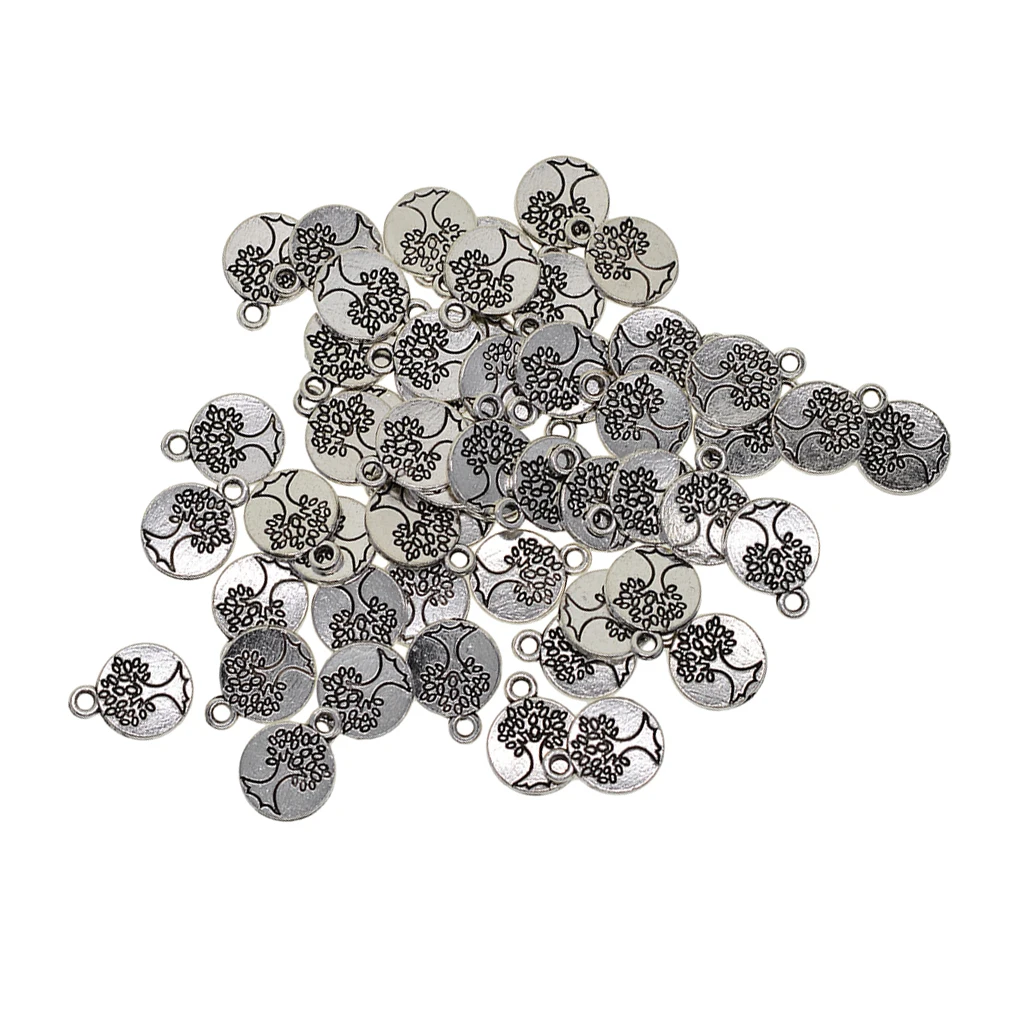 Wholesale 50pcs Tibetan silver color Plated Engraved Tree of life Charms Pendants for Jewelry Making DIY Handmade Craft Accessory 15mm