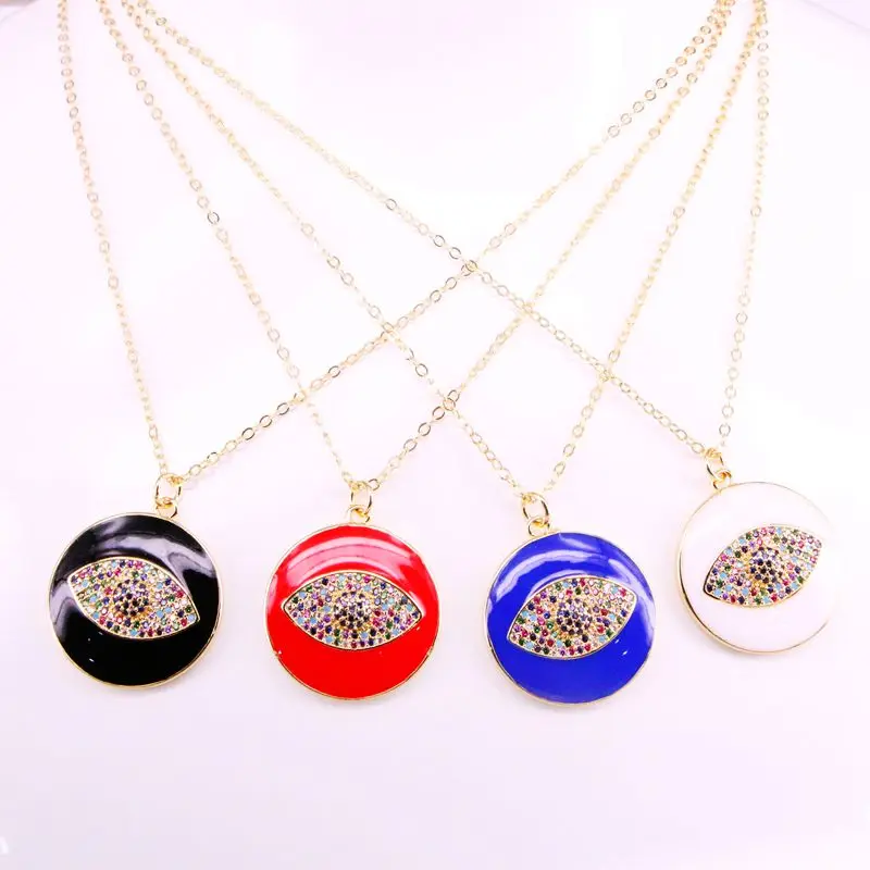 

6PCS, New mix color Enamel with colorful cz eye Round Charm Pendant Necklaces For Women Girl