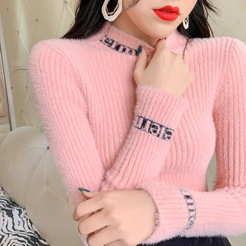 Розовый Basic mujer de moda, милый стильный свитер, пуловеры, водолазка, женская одежда, Свитера с длинным рукавом, женские тонкие мохеровые Топы розового цвета - Цвет: Розовый