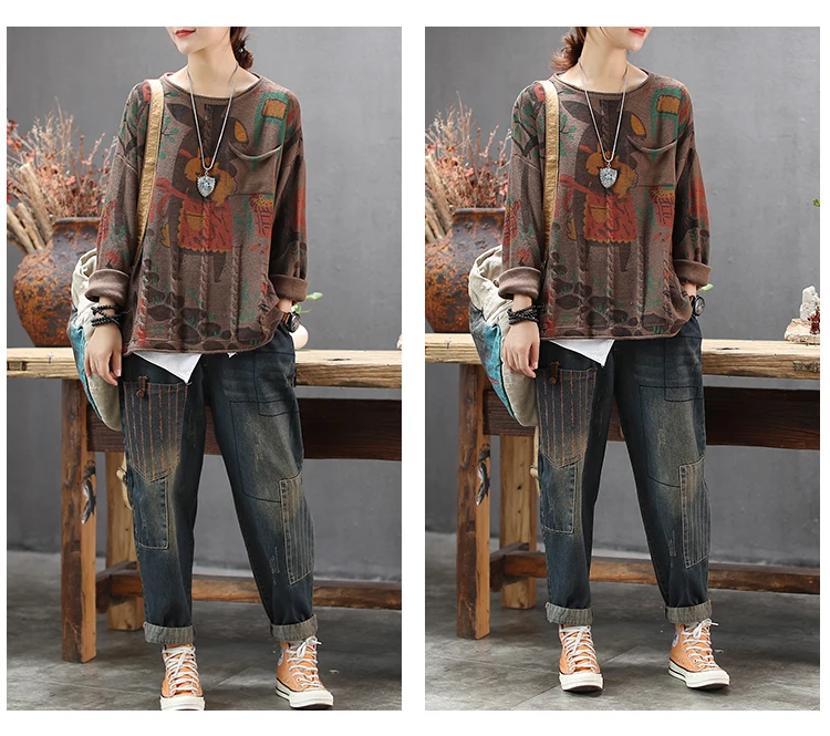 Cartoon printing newest autumn knitted linen sweaters O neck women loose long sleeve blouse Pullovers girls sweaters A0BZ4