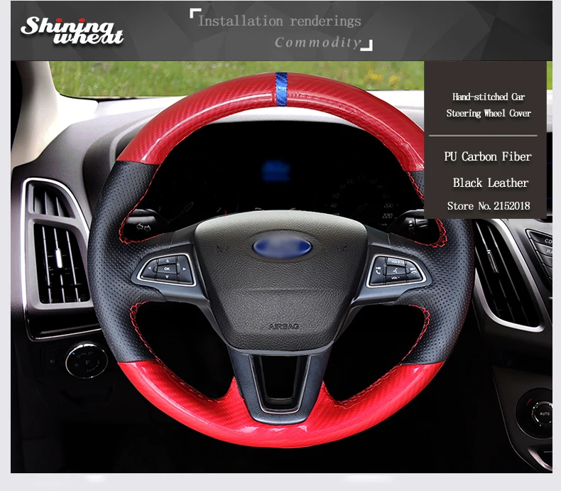 Красный ПУ углеродного волокна Кожаный чехол на руль для Ford Focus 3- Escape C-MAX Ecosport- Kuga
