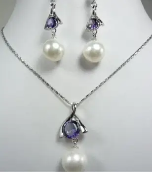 

Fashion jewelry Free Shipping Nobility Lucky Women Vogue white shell pearl purple crystal pendant necklace earrings Silver hook