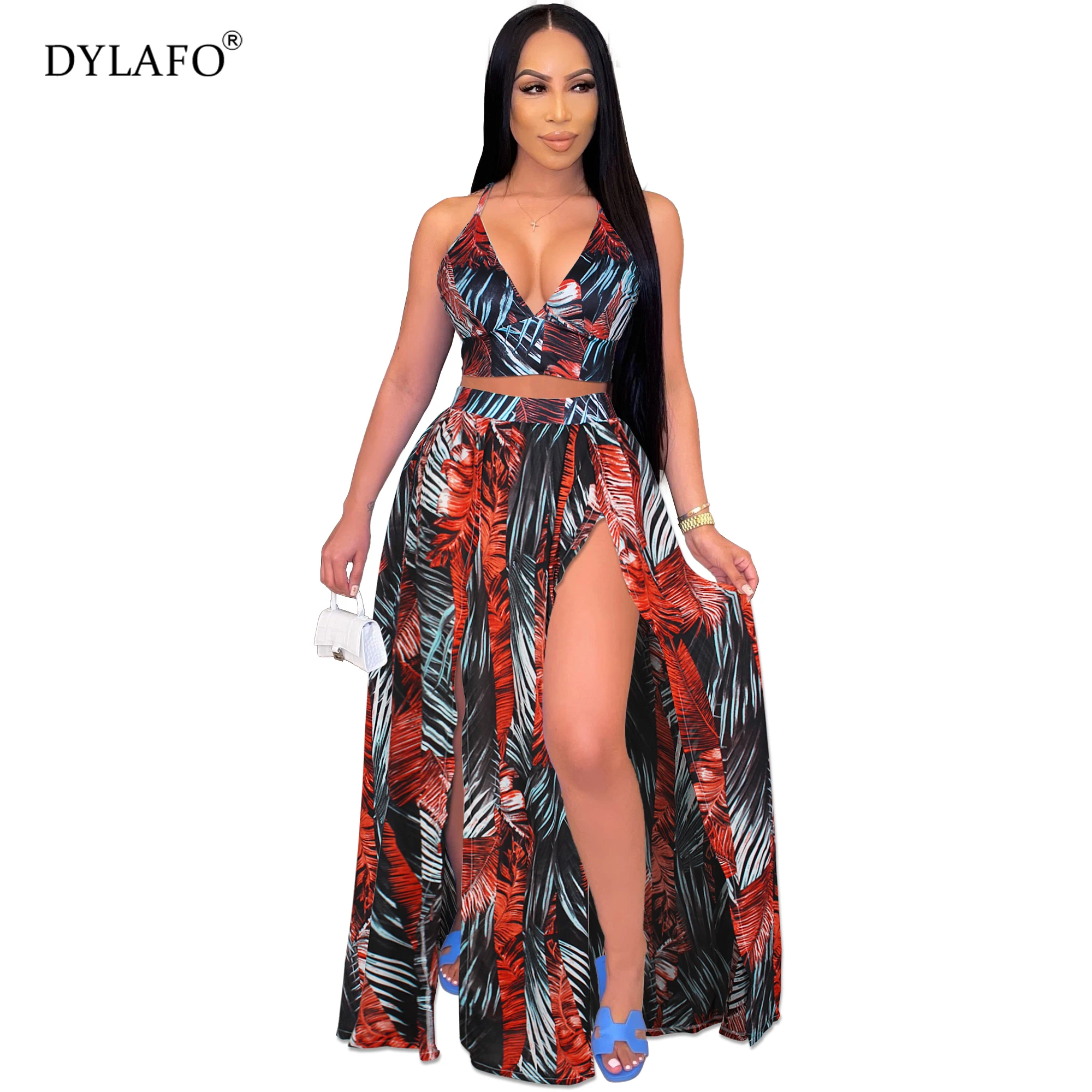 Sexy Print Tracksuit Woman Suits Floral Print Red Sexy Halter Tops And High Waist Split Maxi Skirts Two Piece Boho Outfit Suits