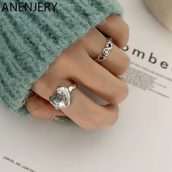 

ANENJERY Vintage Love Heart Shaped Smiling Face 925 Sterling Thai Silver Ring Open Finger Rings For Women Jewelry Gifts S-R749