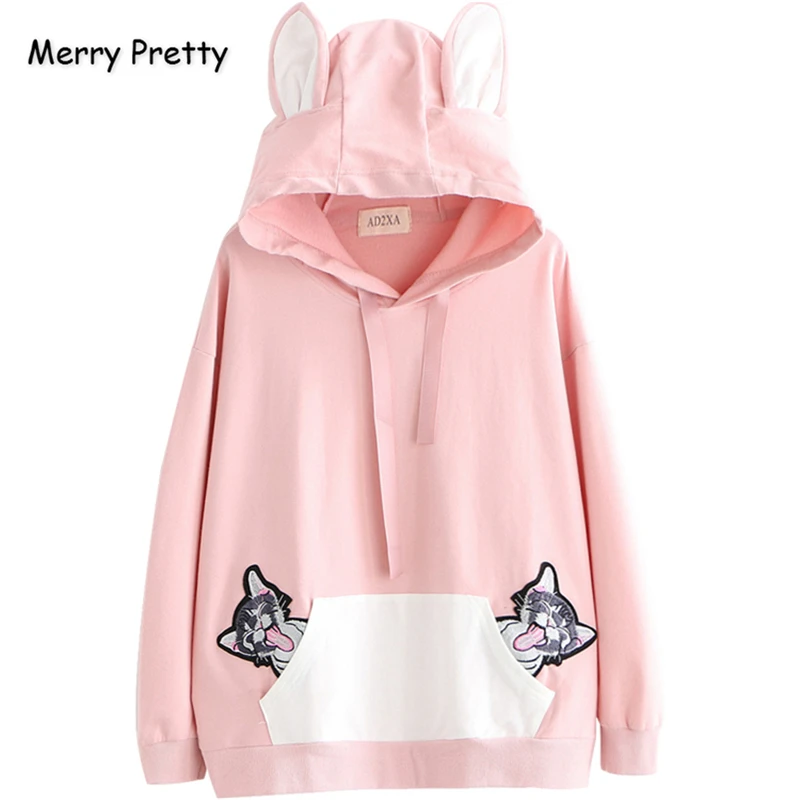 Merry Pretty женские толстовки с капюшоном и вышитыми кошачьими ушками на капюшоне зимний теплый пуловер с капюшоном в стиле Харадзюку