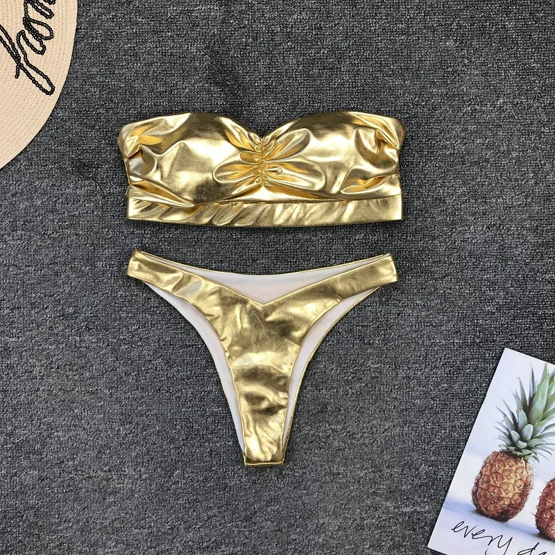 Новинка, блестящий золотой комплект бикини, сексуальный женский купальник, Летний Бикини