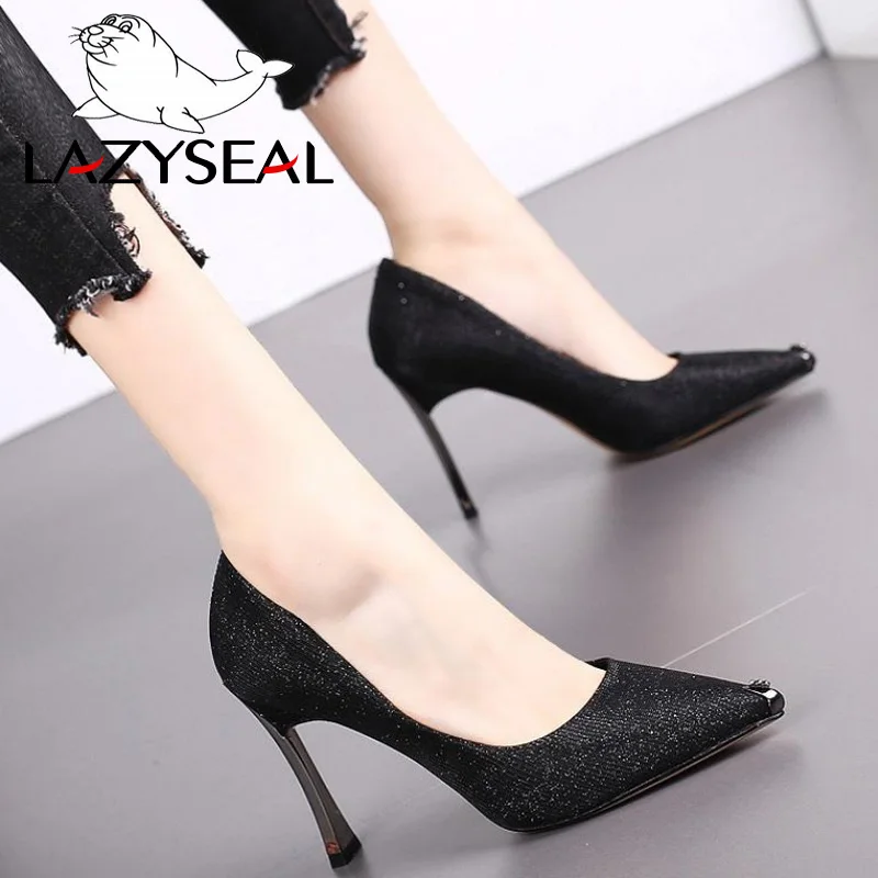 Black LazySeal/женские туфли-лодочки на каблуке 9,5 см; женские пикантные туфли на шпильке с металлическим острым носком; женские туфли из расшитой блестками ткани для офиса; пикантная обувь для вечеринок - Цвет: Black