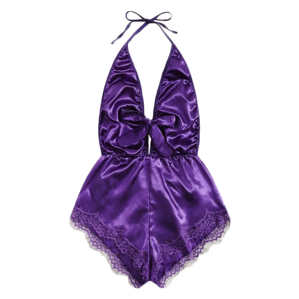 Baby Doll Эротическое нижнее бельё для девочек Feminina кружевное платье с v-образным вырезом; нижнее белье с лямкой на шее искушение Lenceria пятностойкий шёлк бантом Тедди для сна, пижамы - Цвет: Фиолетовый