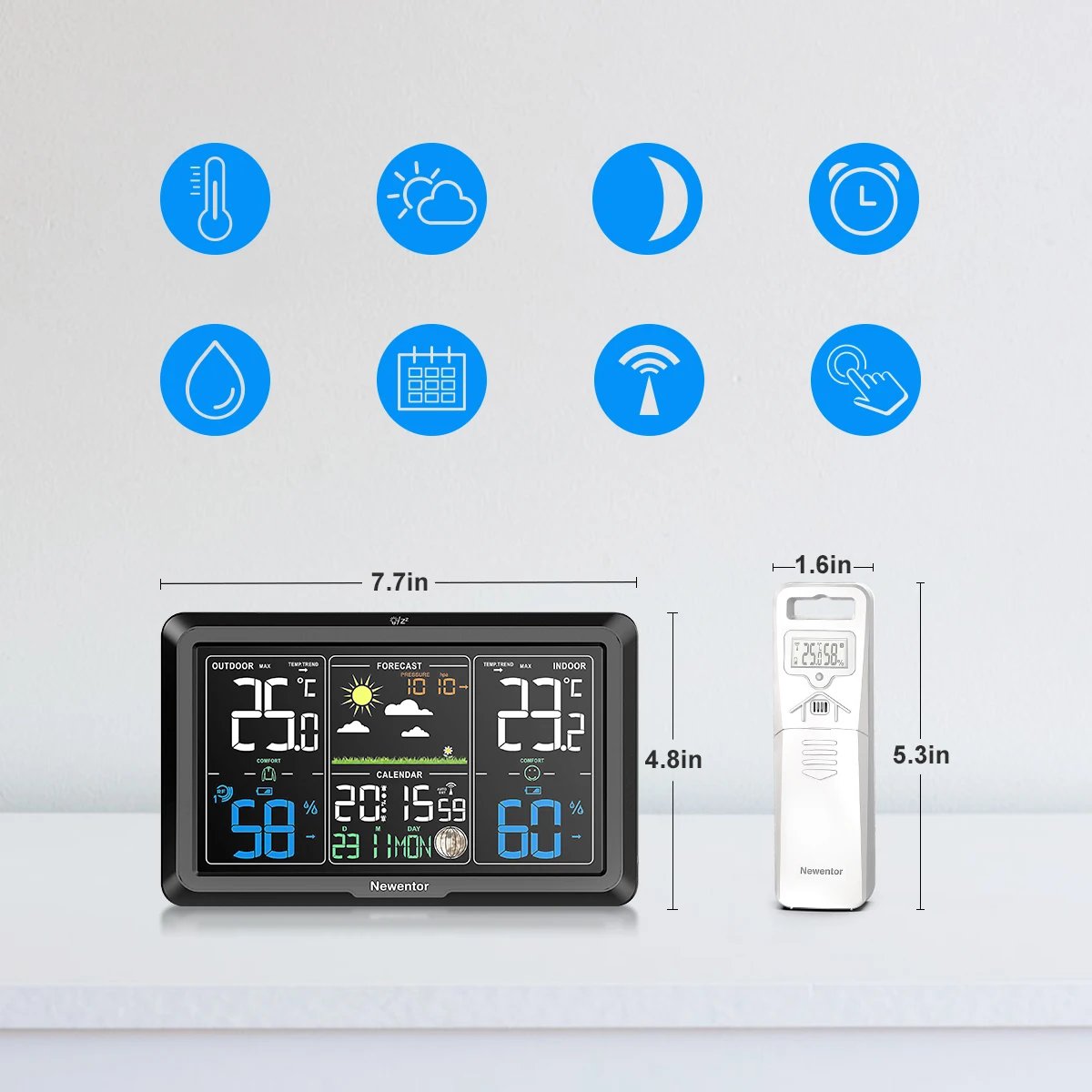 Newentor 기상 관측소 무선 알람 시계, 조절식 백라이트 원격 실내 실외 온도계, 습도 압력 센서