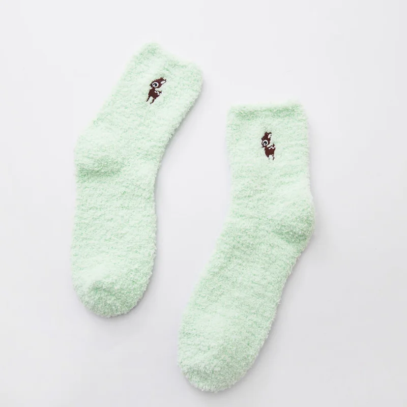 deer-green Jerrinut женские зимние теплые шерстяные носки милые коралловые бархатные пушистые носки Kawaii повседневные одноцветные домашние носки-тапочки 1 пара - Цвет: deer-green