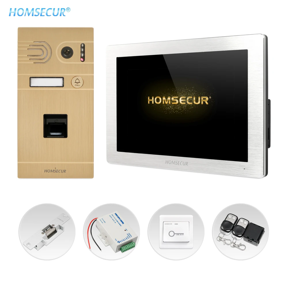 HOMSECUR 4 провода " видео домофон система с отпечатком пальца разблокировка IP65 камера 1.3MP безопасный замок кнопка выхода включена