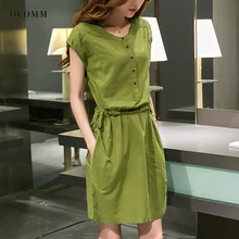 Robe mi longue en coton et lin pour femmes, jupe à manches courtes, couleur unie, tendance, été 2022